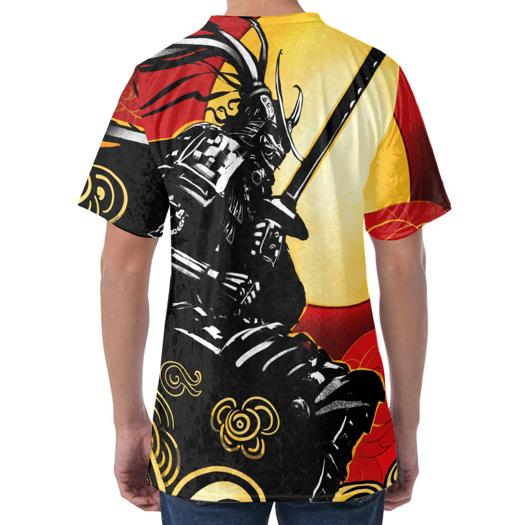 Red Sky And Golden Sun Samurai Print Men's Velvet T-Shirt