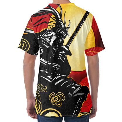 Red Sky And Golden Sun Samurai Print Men's Velvet T-Shirt