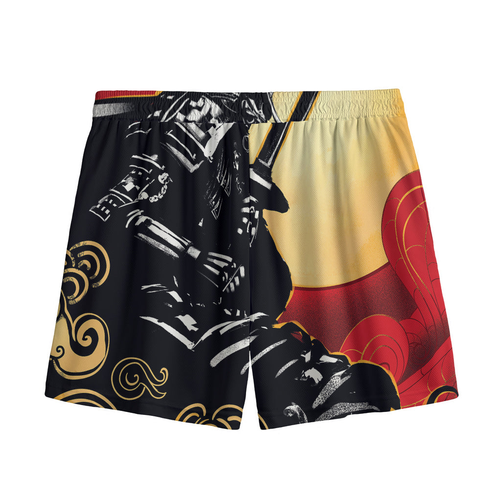 Red Sky And Golden Sun Samurai Print Mesh Shorts