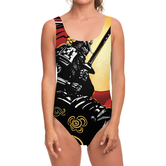 Red Sky And Golden Sun Samurai Print One Piece Swimsuit