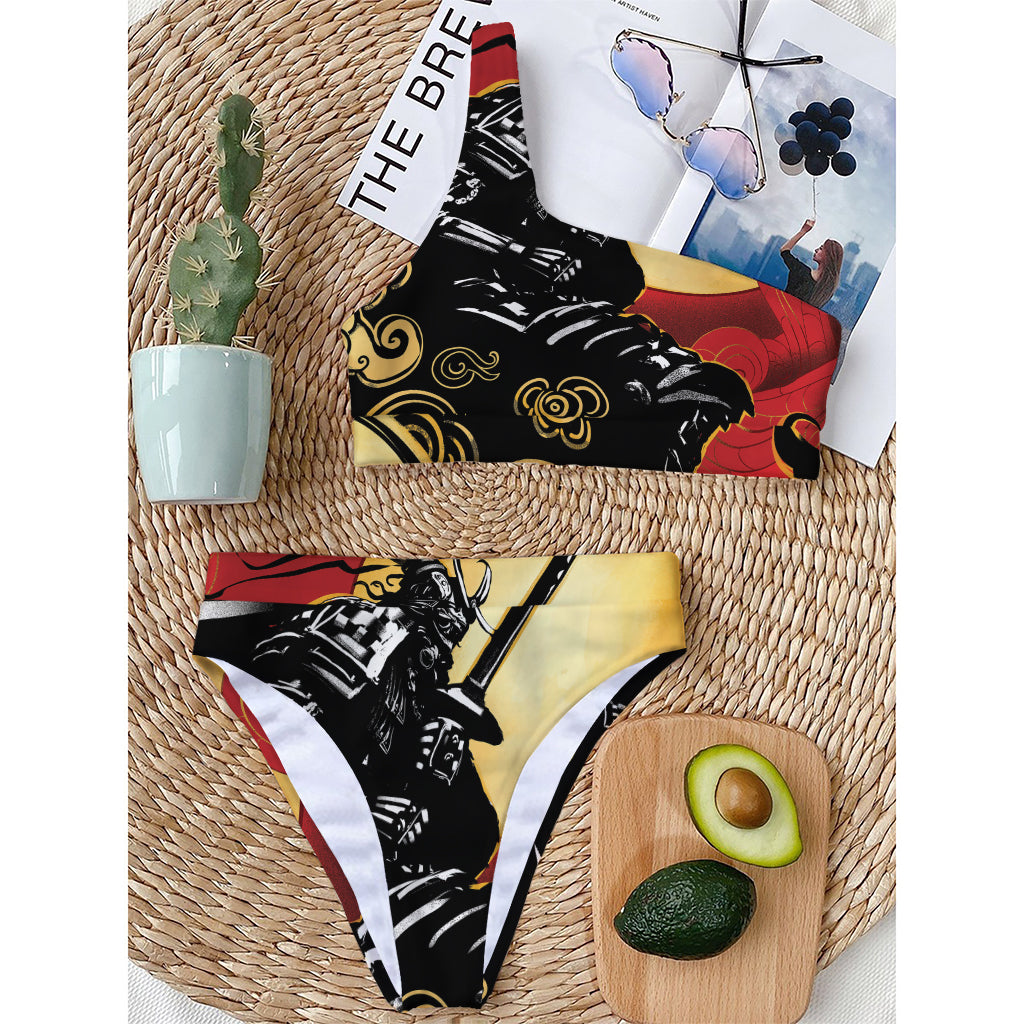 Red Sky And Golden Sun Samurai Print One Shoulder Bikini Top