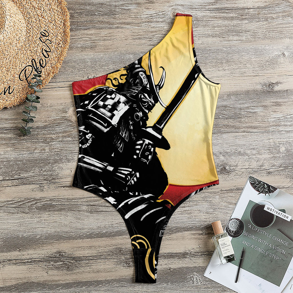 Red Sky And Golden Sun Samurai Print One Shoulder Bodysuit