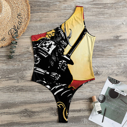 Red Sky And Golden Sun Samurai Print One Shoulder Bodysuit
