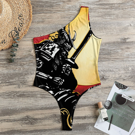 Red Sky And Golden Sun Samurai Print One Shoulder Bodysuit