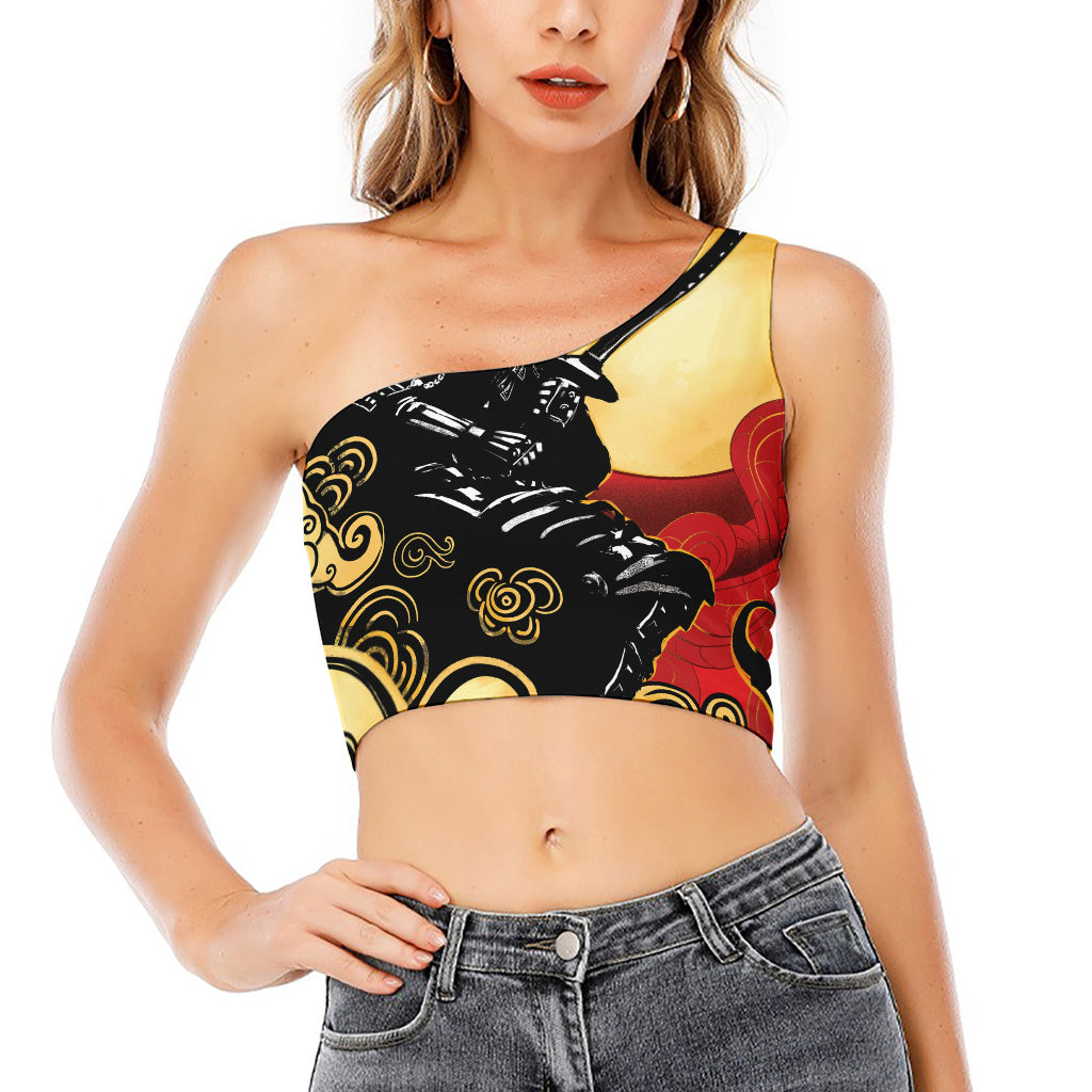 Red Sky And Golden Sun Samurai Print One Shoulder Crop Top