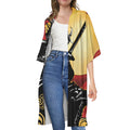 Red Sky And Golden Sun Samurai Print Open Front Beach Cover Up