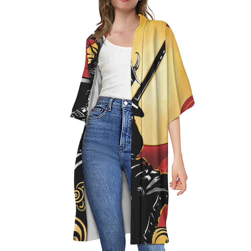 Red Sky And Golden Sun Samurai Print Open Front Beach Cover Up