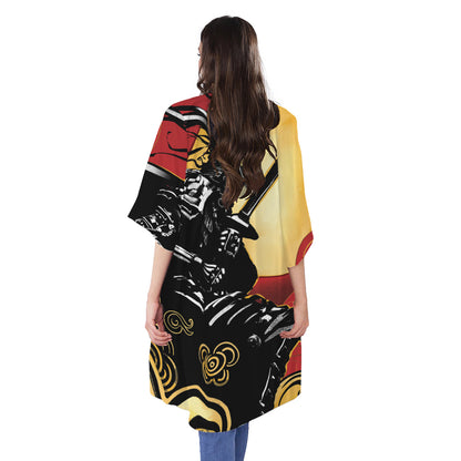 Red Sky And Golden Sun Samurai Print Open Front Beach Cover Up