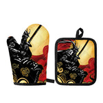 Red Sky And Golden Sun Samurai Print Oven Mitt And Pot Holder Set