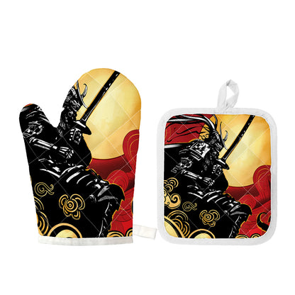 Red Sky And Golden Sun Samurai Print Oven Mitt And Pot Holder Set