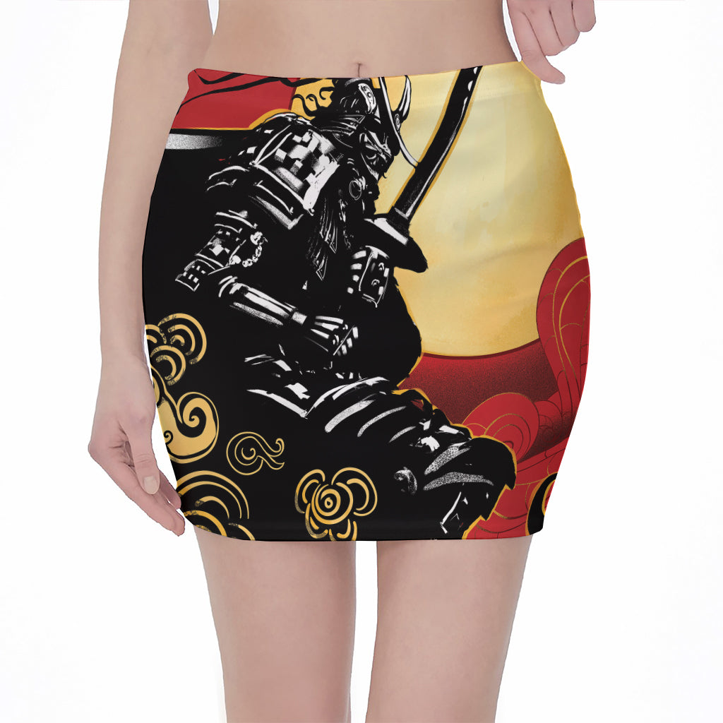 Red Sky And Golden Sun Samurai Print Pencil Mini Skirt