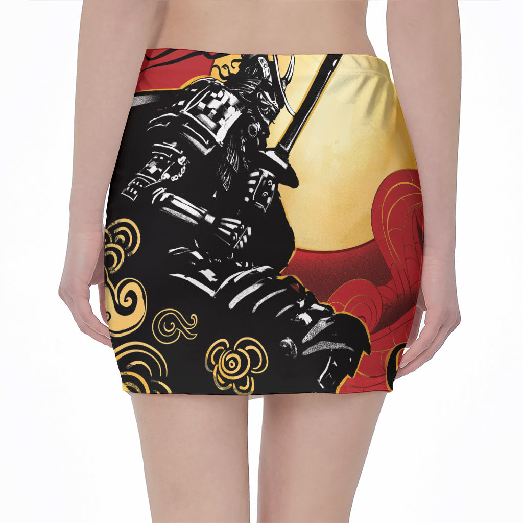 Red Sky And Golden Sun Samurai Print Pencil Mini Skirt
