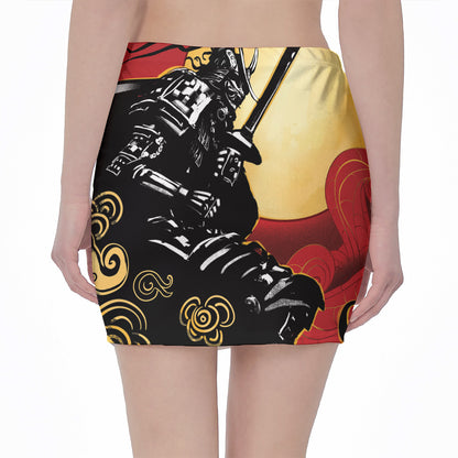 Red Sky And Golden Sun Samurai Print Pencil Mini Skirt