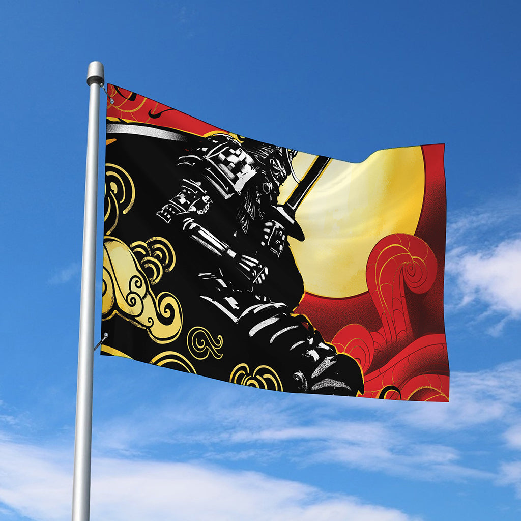 Red Sky And Golden Sun Samurai Print Polyester Flag