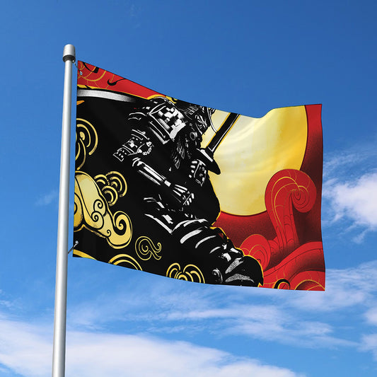 Red Sky And Golden Sun Samurai Print Polyester Flag