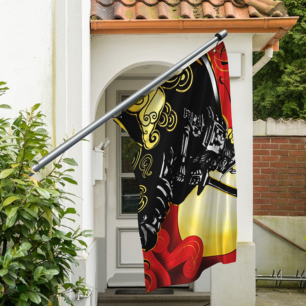 Red Sky And Golden Sun Samurai Print Polyester Flag