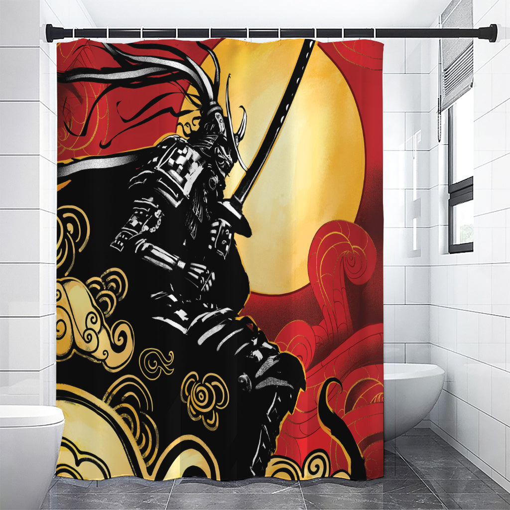 Red Sky And Golden Sun Samurai Print Premium Shower Curtain