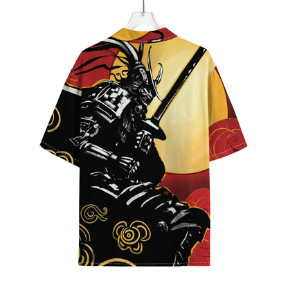 Red Sky And Golden Sun Samurai Print Rayon Hawaiian Shirt