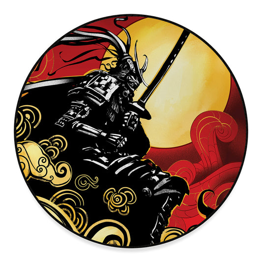 Red Sky And Golden Sun Samurai Print Round Floor Mat