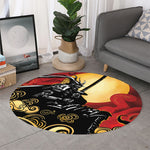Red Sky And Golden Sun Samurai Print Round Rug