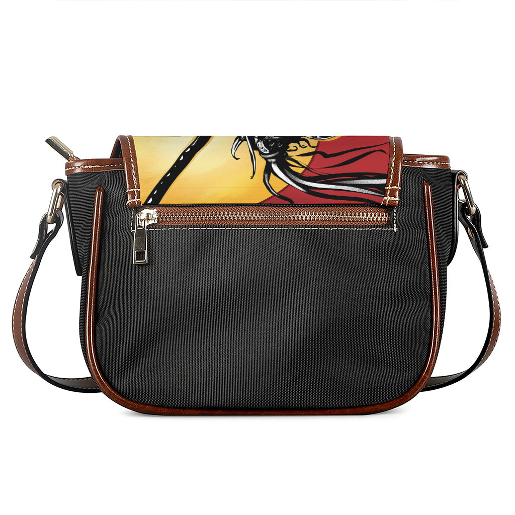 Red Sky And Golden Sun Samurai Print Saddle Bag