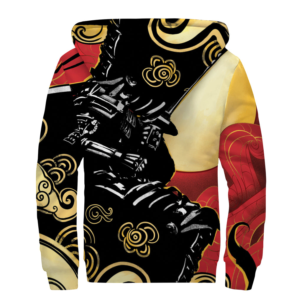 Red Sky And Golden Sun Samurai Print Sherpa Lined Zip Up Hoodie