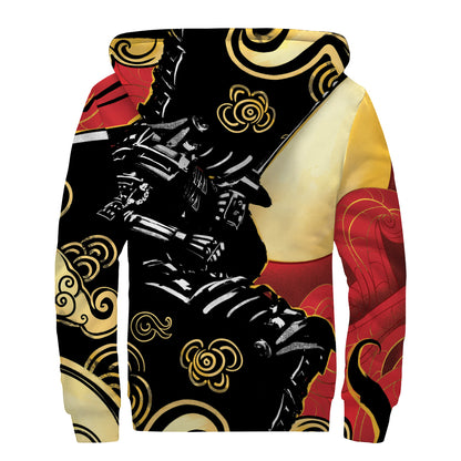 Red Sky And Golden Sun Samurai Print Sherpa Lined Zip Up Hoodie