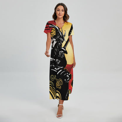 Red Sky And Golden Sun Samurai Print Short Sleeve Maxi Dress