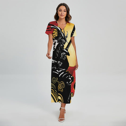 Red Sky And Golden Sun Samurai Print Short Sleeve Maxi Dress