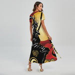 Red Sky And Golden Sun Samurai Print Short Sleeve Maxi Dress