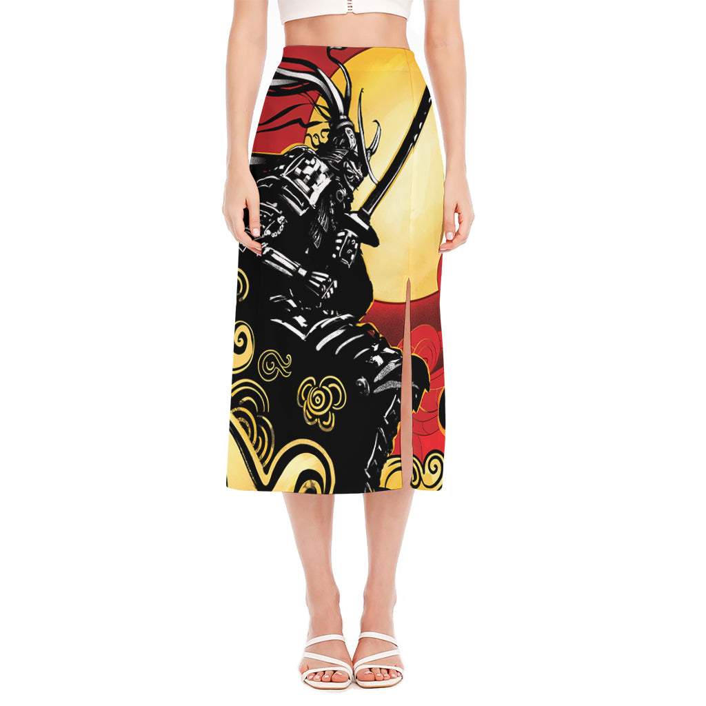 Red Sky And Golden Sun Samurai Print Side Slit Midi Skirt