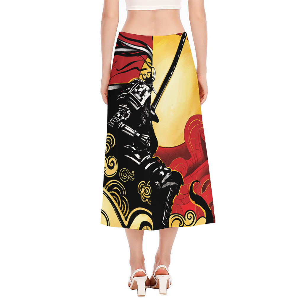 Red Sky And Golden Sun Samurai Print Side Slit Midi Skirt
