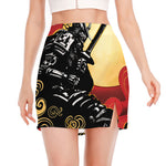 Red Sky And Golden Sun Samurai Print Side Slit Mini Skirt