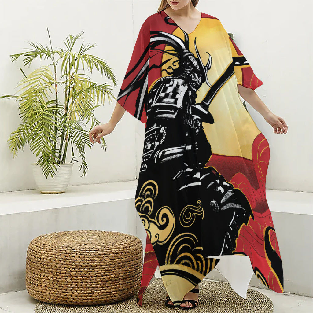 Red Sky And Golden Sun Samurai Print Silk V-Neck Kaftan Dress