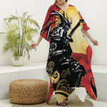 Red Sky And Golden Sun Samurai Print Silk V-Neck Kaftan Dress