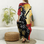 Red Sky And Golden Sun Samurai Print Silk V-Neck Kaftan Dress