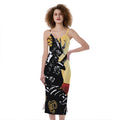 Red Sky And Golden Sun Samurai Print Slim Fit Midi Cami Dress