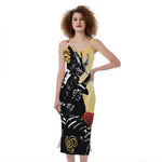 Red Sky And Golden Sun Samurai Print Slim Fit Midi Cami Dress