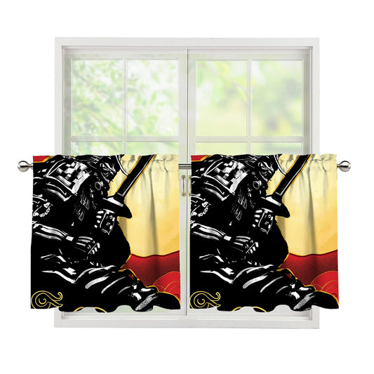 Red Sky And Golden Sun Samurai Print Tier Curtains