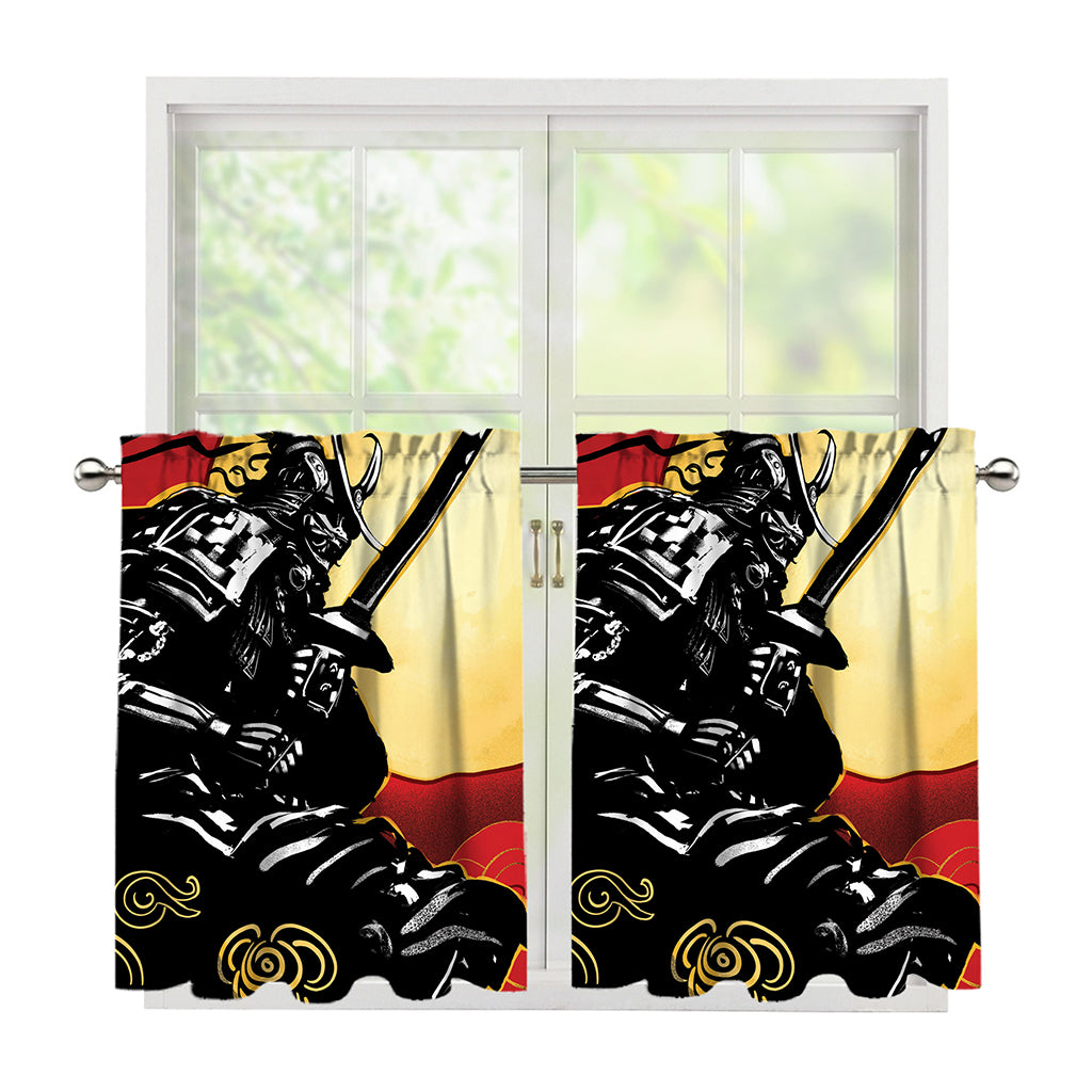 Red Sky And Golden Sun Samurai Print Tier Curtains