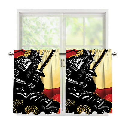 Red Sky And Golden Sun Samurai Print Tier Curtains