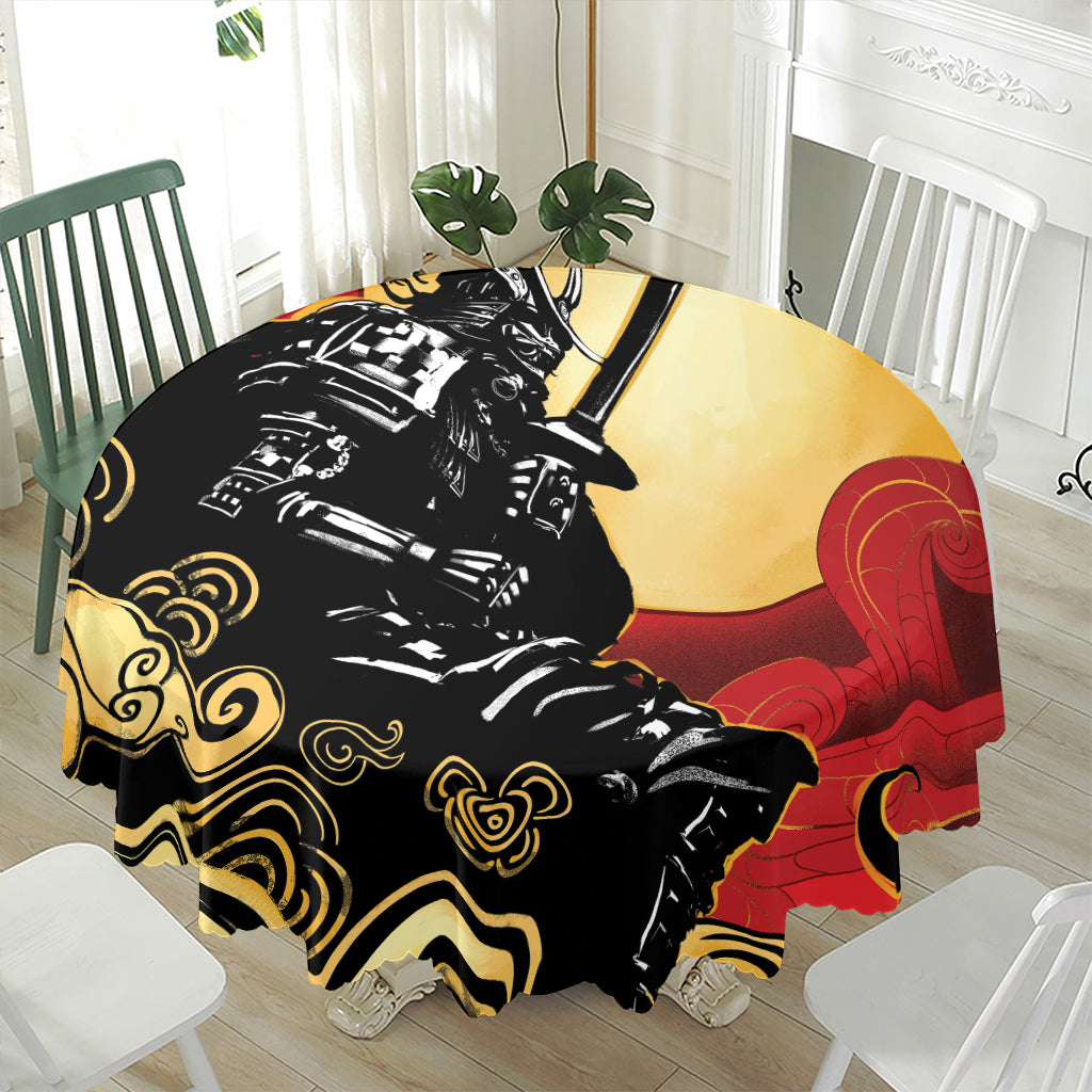 Red Sky And Golden Sun Samurai Print Waterproof Round Tablecloth