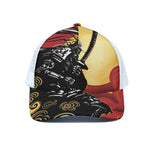 Red Sky And Golden Sun Samurai Print White Mesh Trucker Cap