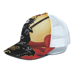 Red Sky And Golden Sun Samurai Print White Mesh Trucker Cap