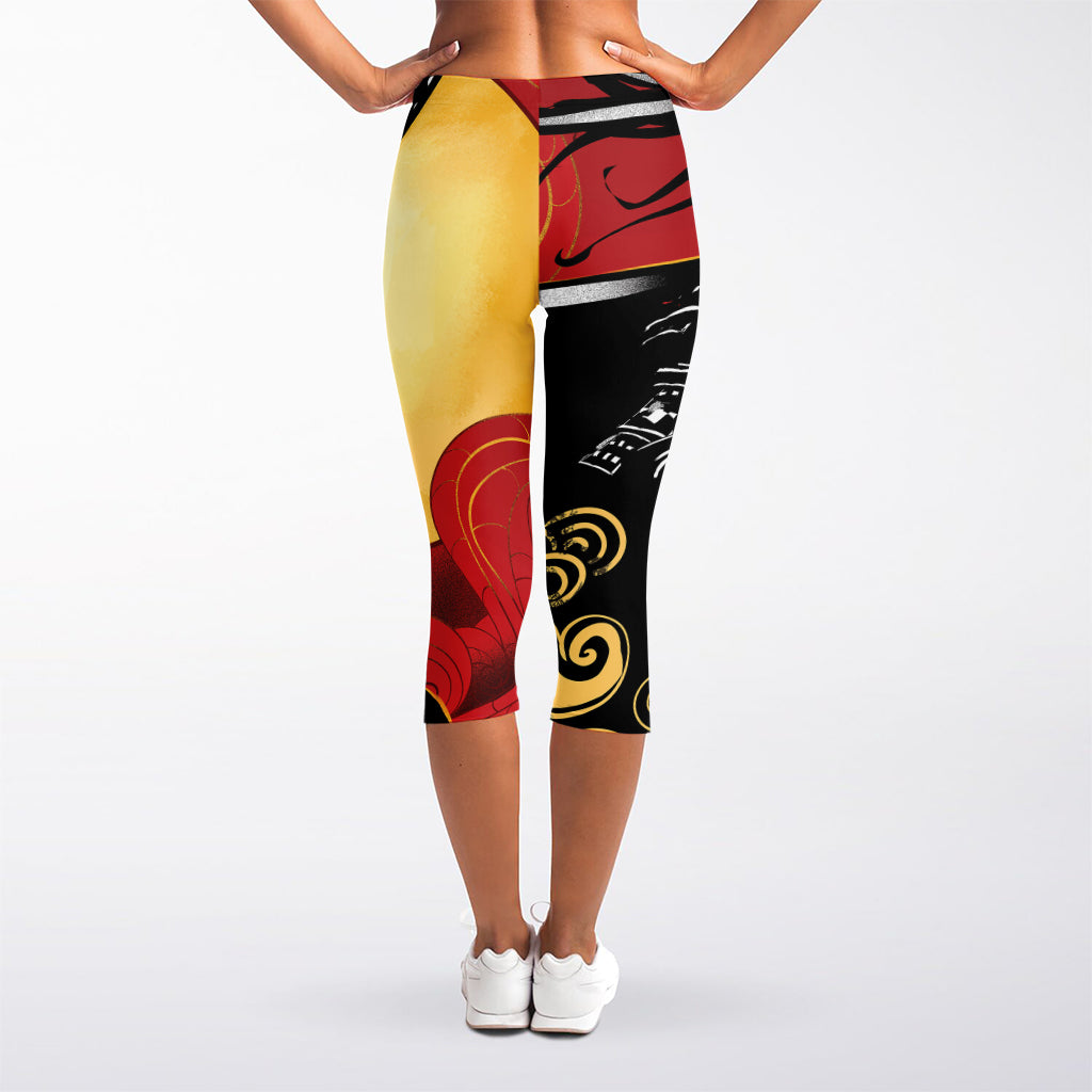 Red Sky And Golden Sun Samurai Print Women's Capri Leggings