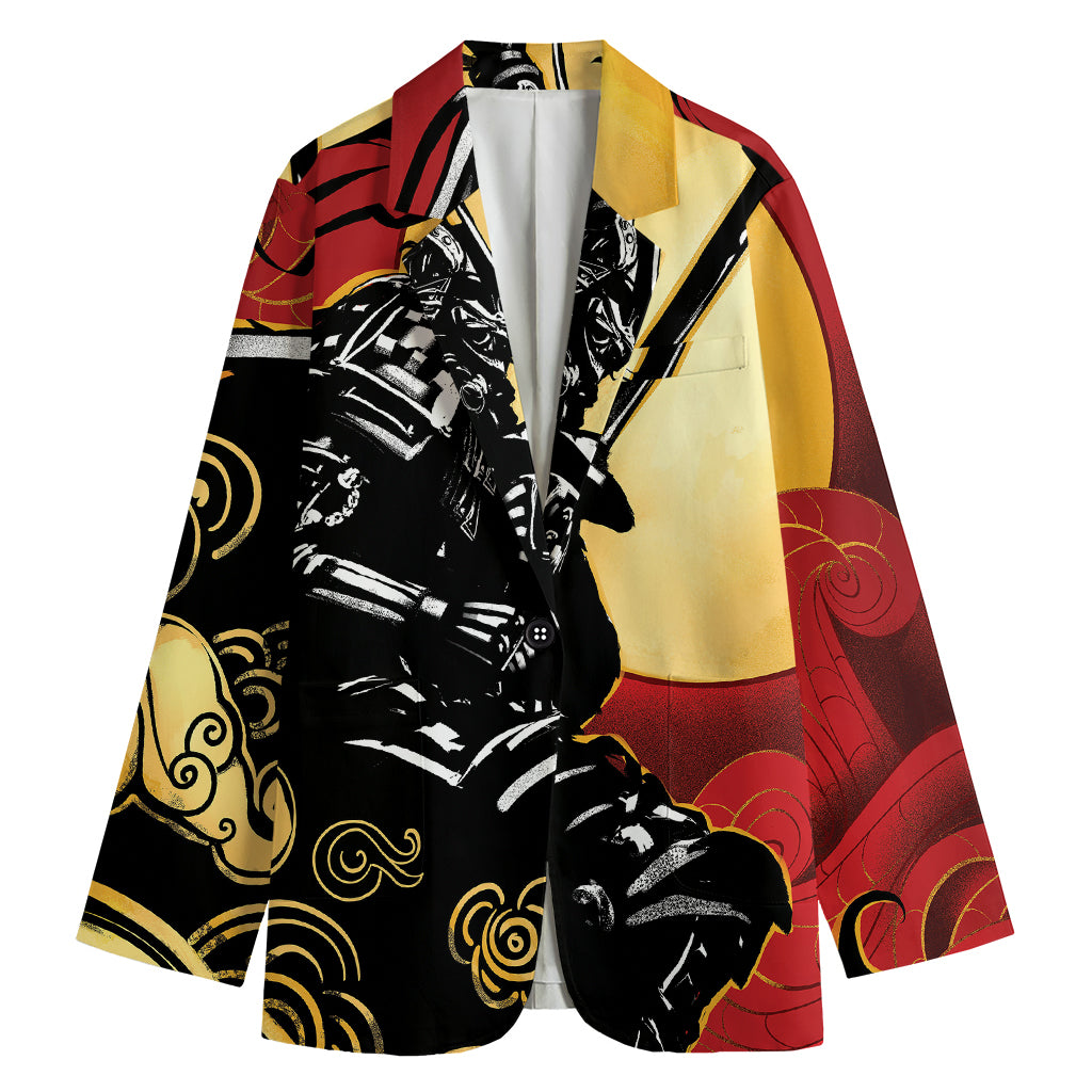 Red Sky And Golden Sun Samurai Print Women's Cotton Blazer