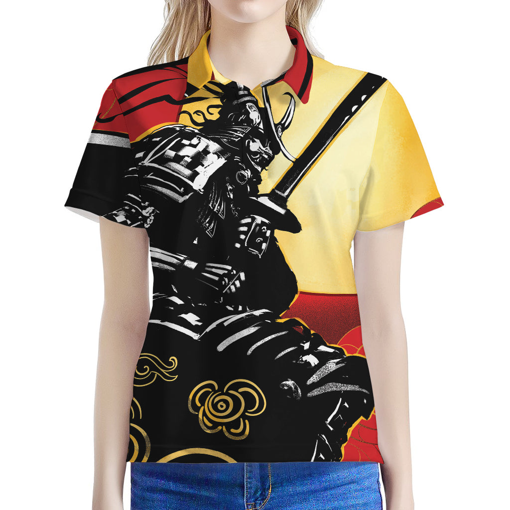 Red Sky And Golden Sun Samurai Print Women's Polo Shirt