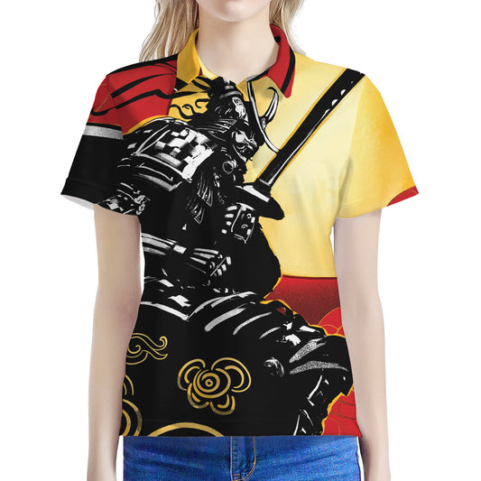 Red Sky And Golden Sun Samurai Print Women's Polo Shirt