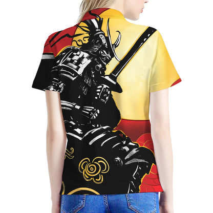 Red Sky And Golden Sun Samurai Print Women's Polo Shirt