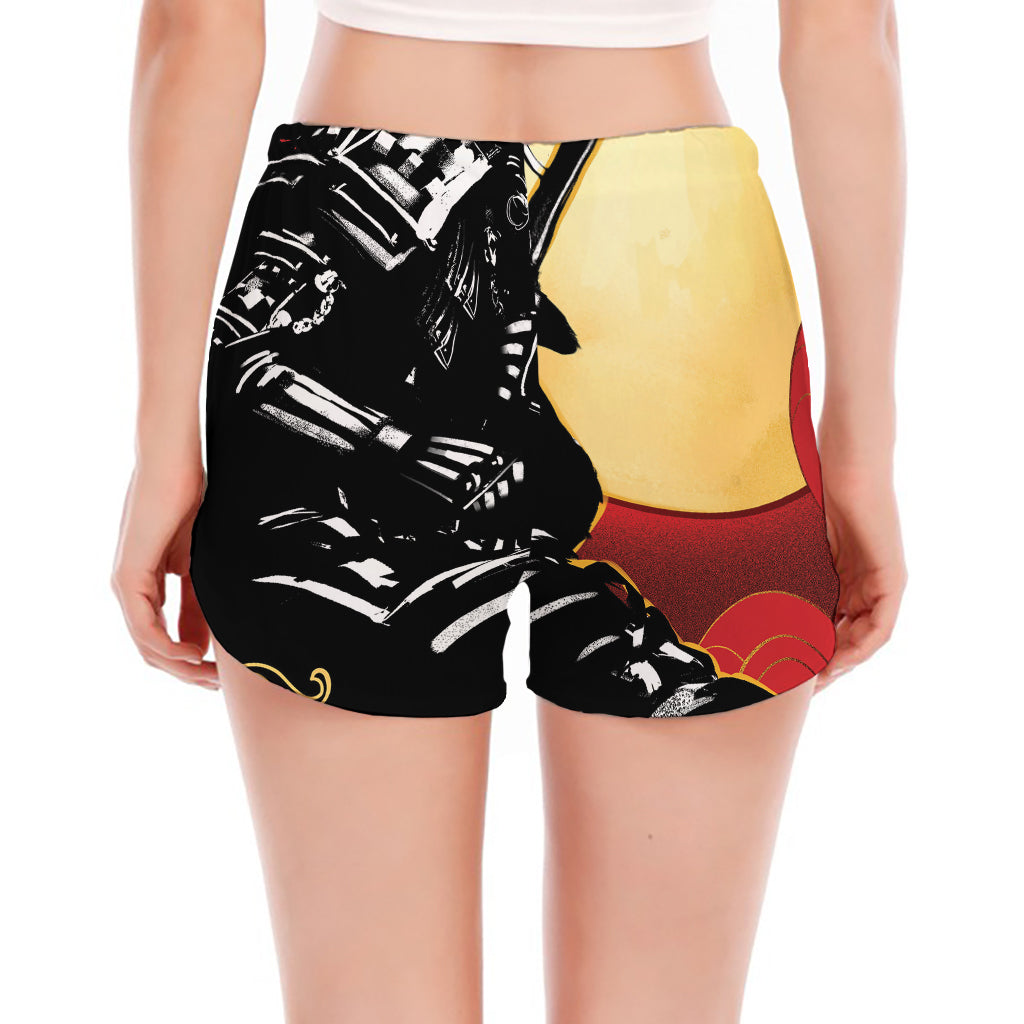 Red Sky And Golden Sun Samurai Print Women's Split Running Shorts